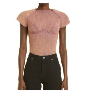 NEW Isa Boulder Shield Backless Sweater Tan Aubergine Short Sleeve Sweater Top M